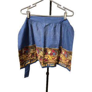 Vintage Blue Cotton Half Apron Fruit Shelf Novelty Print Retro Kitchen